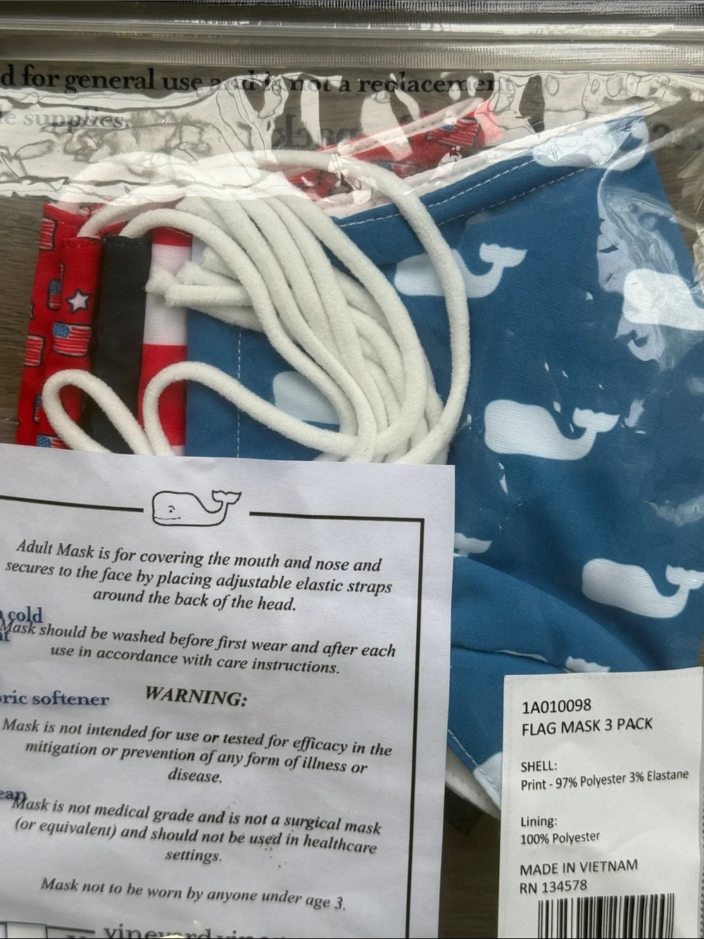 Vineyard Vines Sealed 3-Pack Lined Face Masks Flag Red, White, & Blue-Adult Size